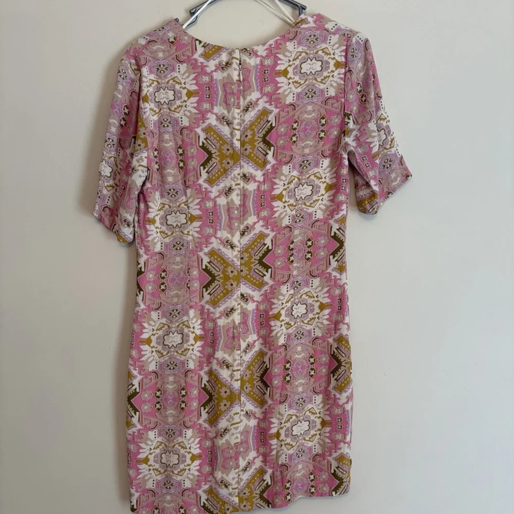 Free People Mini Tunic Dress‎ Sz Medium Pink Printed Short Sleeve V-neck Lined